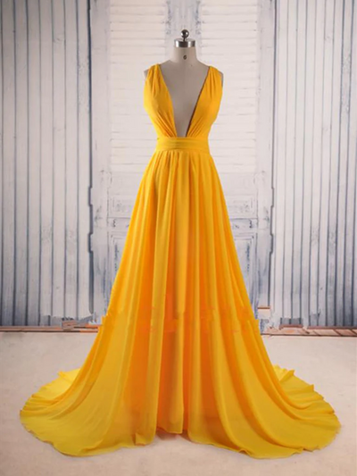 V Neck Yellow Backless Prom Gown Open Back Chiffon Evening Dress