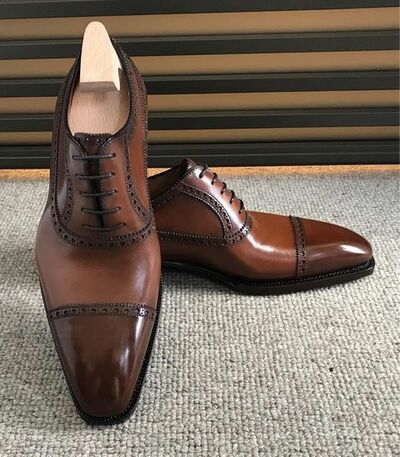 Handmade leather oxfords toe cap semi brogue original leather handmade lace up shoes for men ready to wear formal and causal oxfords