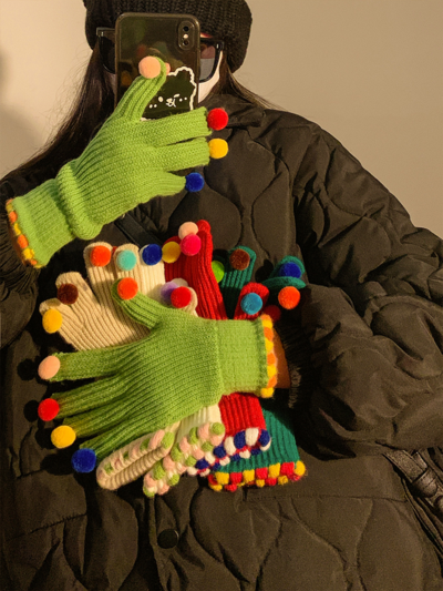Colored Pom-pom Exposed Fingertips Touch Screen Gloves