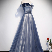 Blue Velvet Tulle Long Prom Dress Evening Dress - Thumbnail 1