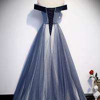 Blue Velvet Tulle Long Prom Dress Evening Dress - Thumbnail 2