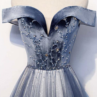 Blue Velvet Tulle Long Prom Dress Evening Dress - Thumbnail 3