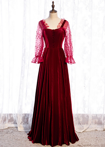 A-line Burgundy Velvet Square Long Sleeve Wave Point Prom Dress