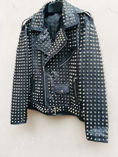 Handmade Men Full Silver Studded Punk Rock Black Leather Jacket Made By Crafted Leather