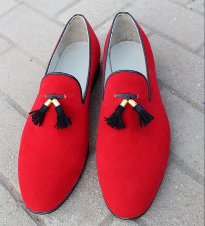 Crafted Leather Men Awesome Red Velvet Tassel Loafers Dress Shoes