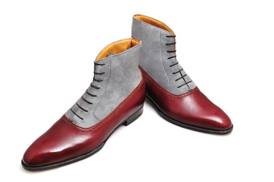 Handmade Men Gray Suede and Burgundy Leather Ankle Dress Boot