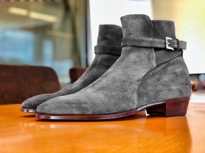 New Handmade Gray Suede Monk Strap Ankle High Jodhpur Boot For Mens