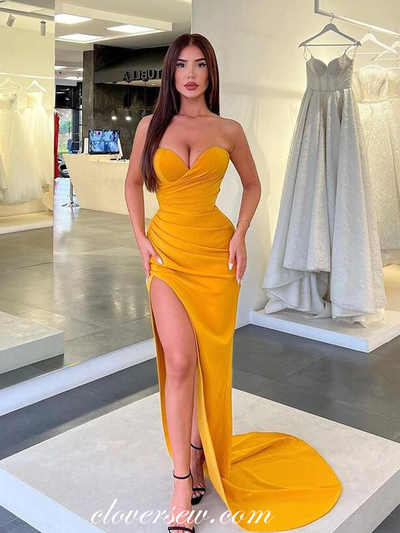 Orange Strapless Prom Dresses,Sheath Long Prom Dresses With Slit,Fashion Simple Prom Dresses,CP0176