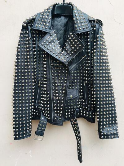 Men Silver Studded Punk Rock Gothic Black Leather Jacket