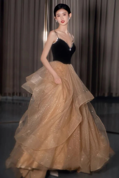 Shiny Spaghetti Straps V Neck Prom Dress, A Line Evening Dress With Layers KPP1573