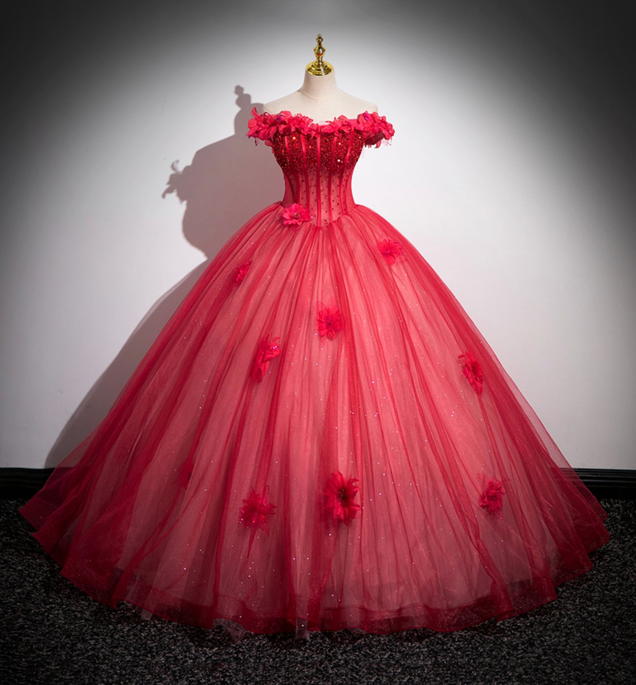 Dark Red Beading Prom Dress with Corset, Off the Shoulder Short Sleeve Floor-Length Party Dress