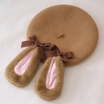 Brown Rabbit Ear Hat Bow Beret