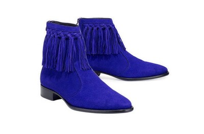 Handmade Blue Suede Fringes Cowboy Men Boot