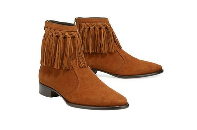 Mens Cow Boy High Ankle Brown Color Suede Leather Handmade Fringe Boots