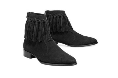 Handmade Black Suede Leather Fringes Cowboy Men Boot
