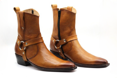 STYLISH BUCKLE STRAP SIDE ZIPPER COWBOY LONG BOOT IN BROWN GENUINE LEATHER WITH PERFECT CUBAN HEEL