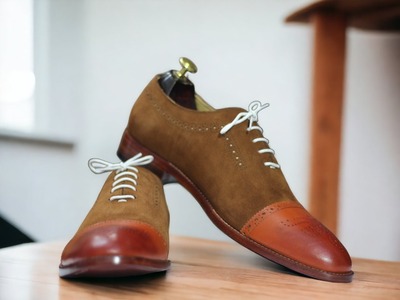 Handmade Tan Leather & Brown Suede Cap Toe Lace Up Dress Shoes