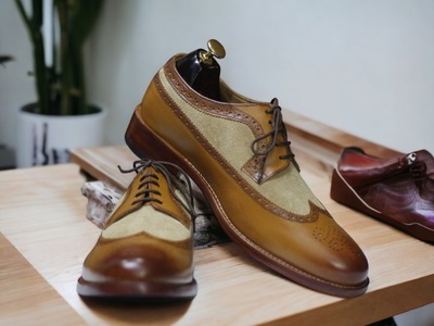 Handmade Brown Beige Suede Leather Wing Tip Lace Up Dress Shoes