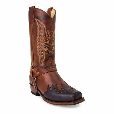 Handmade Men's Light Brown Buckle Caved Cowboy Boots