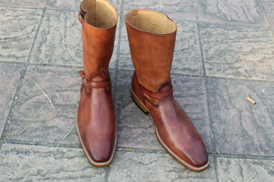 Leather House Men Brown Leather Buckle Strap Long Cowboy Military Boot