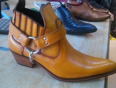 Handmade Men's Brown Chain Buckle Caved Cowboy Boots