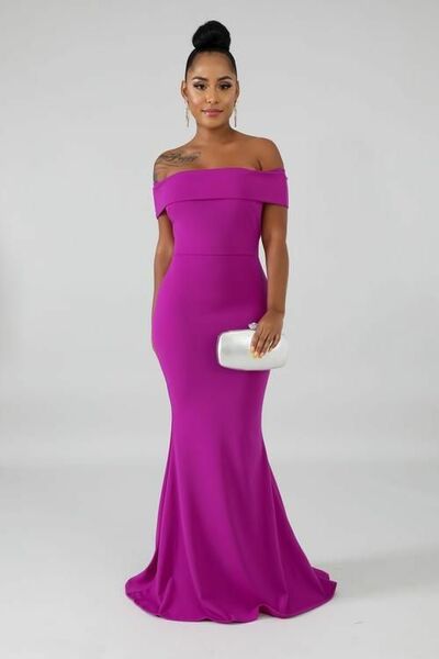 Hot Pink Fuchsia Mermaid Off the Shoulder Prom Dress Evening Gowns