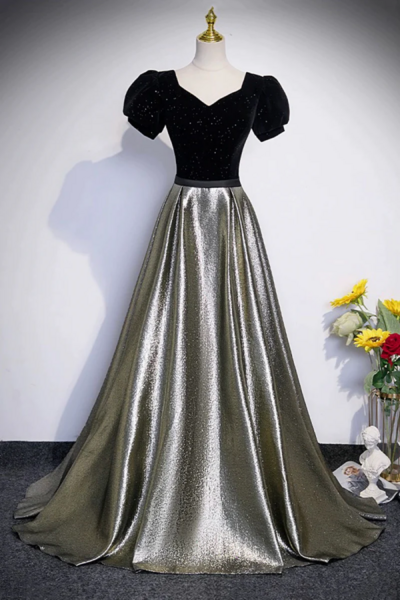 Black Velvet and Shiny Satin Long Prom Dress, Beautiful A Line Evening Party Dress KPP1576
