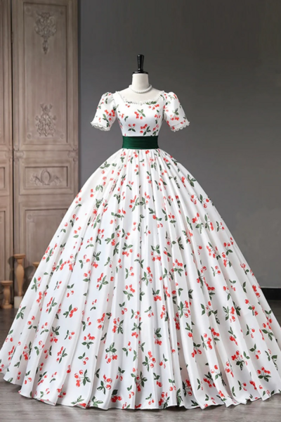 Cute Cherry Pattern Long Princess Prom Dress, White A Line Evening Party Dress KPP1577