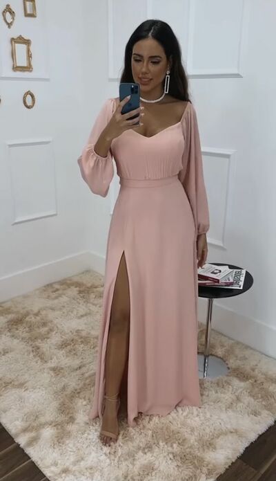 Simple A Line Light Pink Long Sleeve Side Slit Prom Dress Evening Gowns