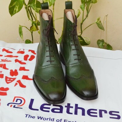 Green Classic Handmade Men Ankle High Wingtip Boot, Men Lace up Boot, Dress Boot