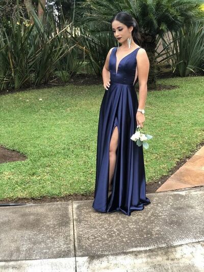 Navy Blue A Line Prom Dress Evening Gowns