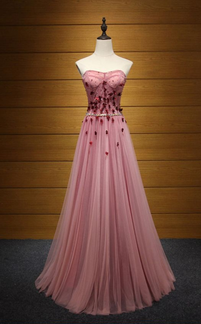Princess Long Pink, Prom Dress, Strapless With Beading Flowers