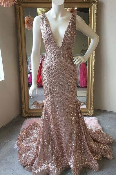 Deep V-neck Mermaid Rose Gold Sequins Long Prom Dress