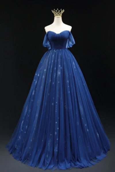 A Line Off Shoulder Sweetheart Neck Dark Blue Long Prom Dress, Blue Formal Dress KPP1579