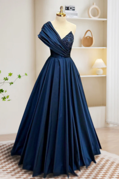 A Line One Shoulder Satin Beads Dark Blue Long Prom Dress, Blue Long Evening Dress KPP1581