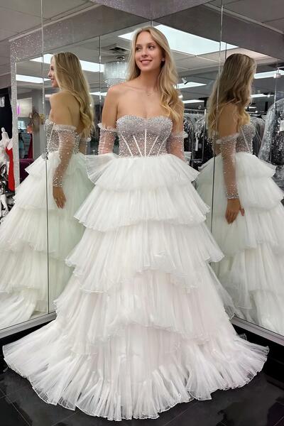 Luxury Beaded Organza Pleated A-Line Long Evening Prom Dress