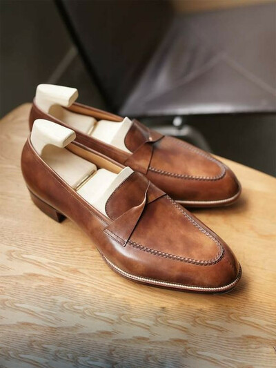 Handmade leather loafers brown leather moccasins dress shoes for men, ready to wear formal dress sheos