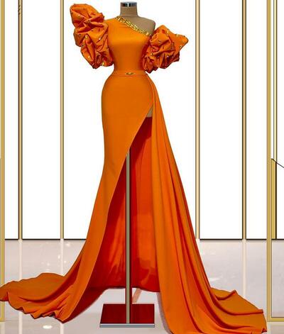Mermaid Orange One Shoulder Stain Prom Dresses With Beading