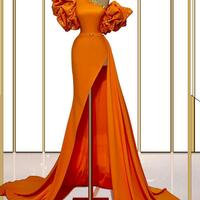 Mermaid Orange One Shoulder Stain Prom Dresses With Beading - Thumbnail 1