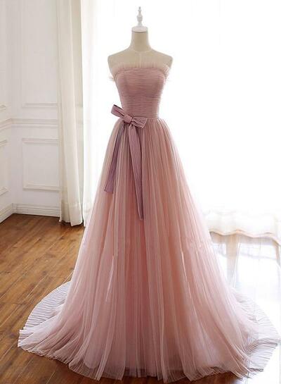 Simple Pink Fashionable Scoop Tulle Long Wedding Party Dress With Bow,