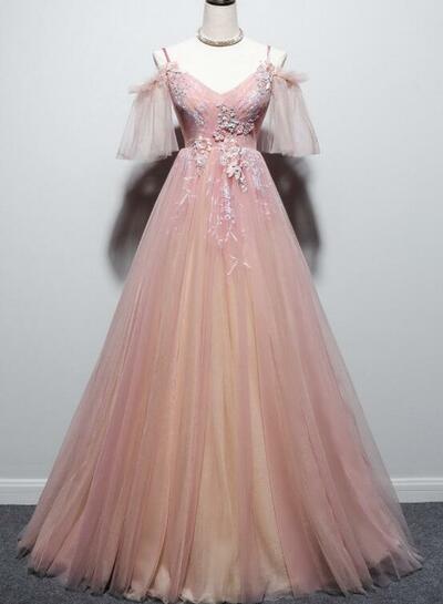 Beautiful Pink Straps V-neckline Tulle Floral Prom Dress, Pink Floor Length Party Dress