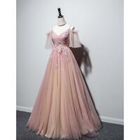 Beautiful Pink Straps V-neckline Tulle Floral Prom Dress, Pink Floor Length Party Dress - Thumbnail 1