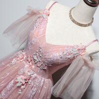 Beautiful Pink Straps V-neckline Tulle Floral Prom Dress, Pink Floor Length Party Dress - Thumbnail 2
