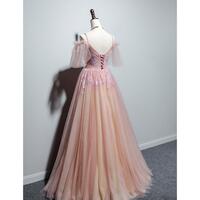 Beautiful Pink Straps V-neckline Tulle Floral Prom Dress, Pink Floor Length Party Dress - Thumbnail 3