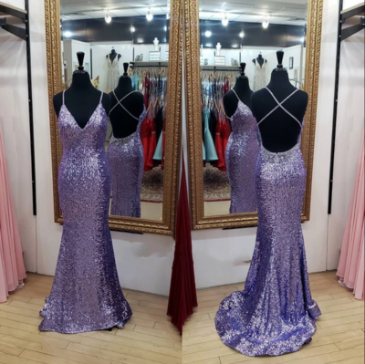 Stunning Mermaid Lavender Sequins Long Evening Dress