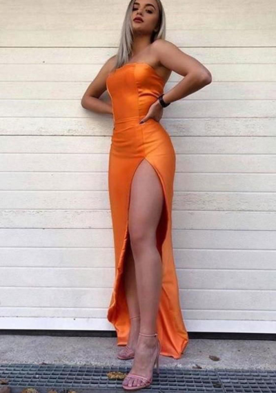 Simple Strapless Burnt Orange Prom Dresses With Slit Side,1645