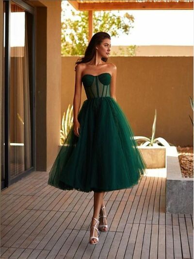 Princess A-Line Sweetheart Dark Green Tulle Tea Length Prom Dress,1648