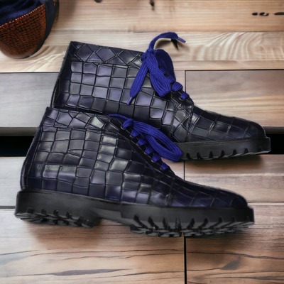 Ankle High Men's Blue Alligator Rubber Sole Lace Up Boot, Designer Boot