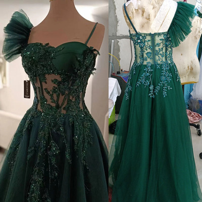 Green Prom Dresses with Leaves Beading