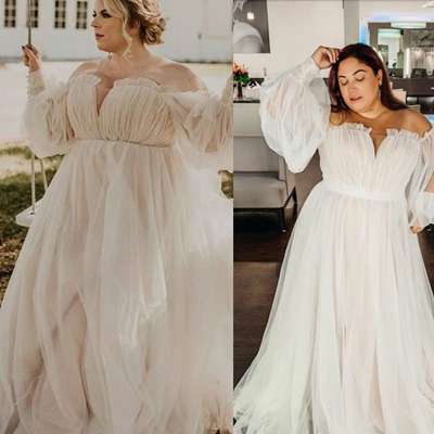 Plus Size Beach V Neck Wedding Dresses Bridal Gown with Sleeves